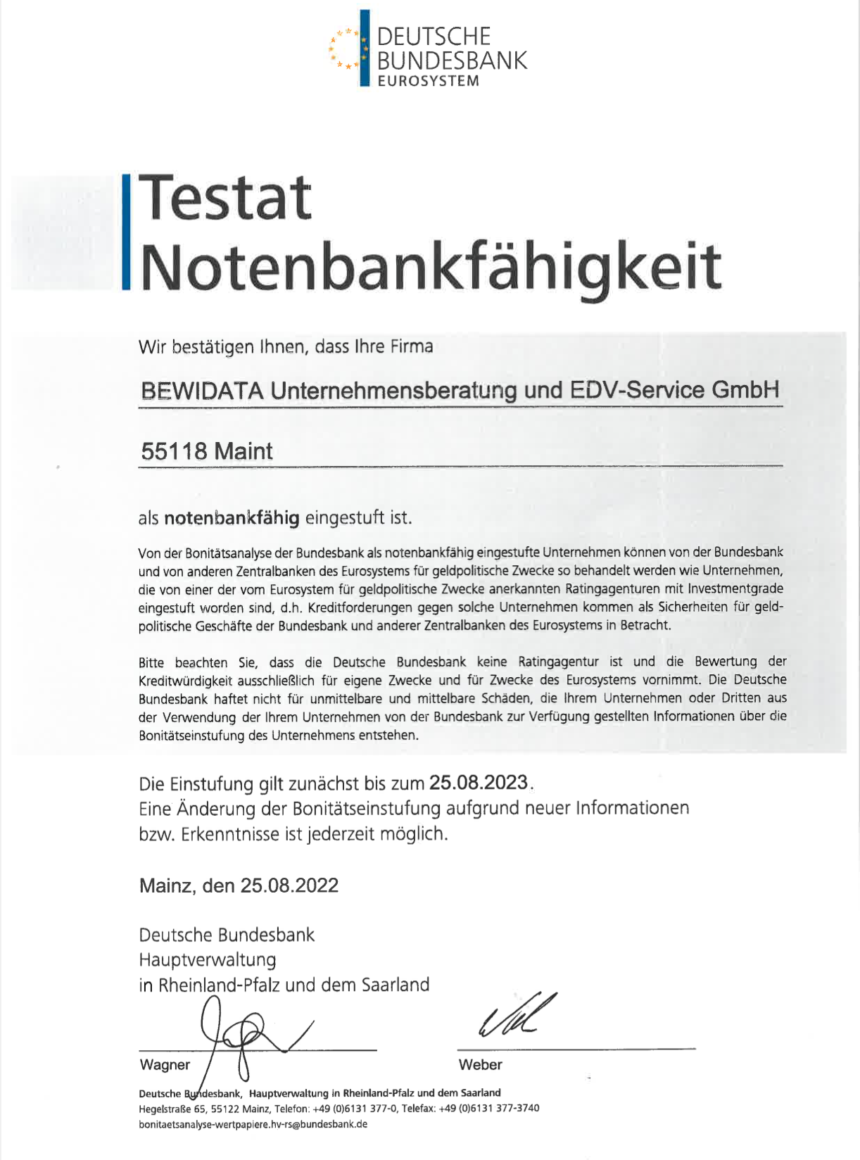 Testat der Bundesbank
